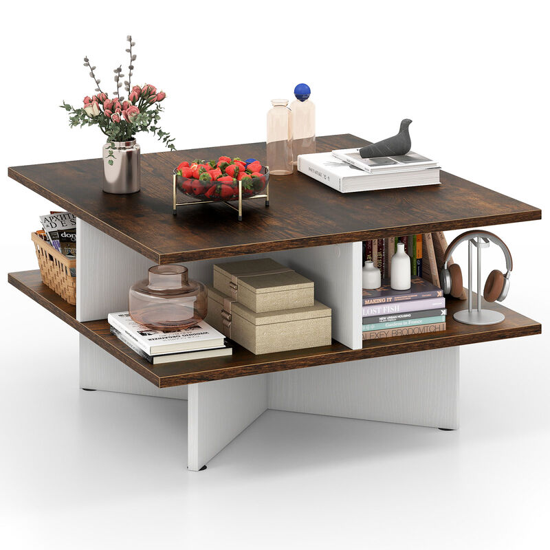 Modern 2-Tier Square Coffee Table Featuring 4 Functional Storage Compartments
