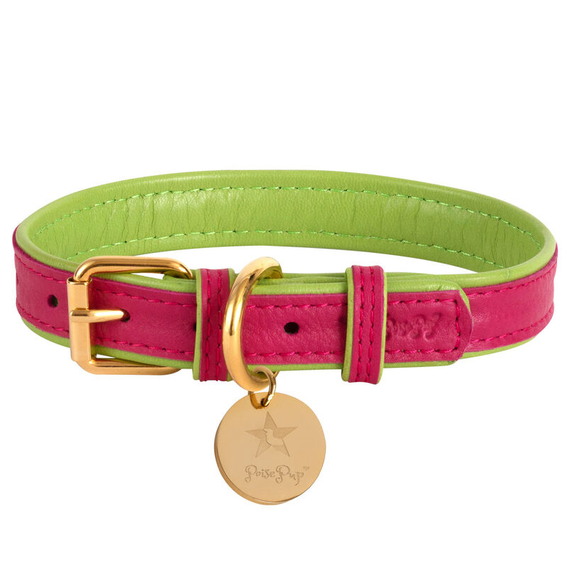 POISEPUP Genuine Leather Dog Collar - Handmade, Adjustable & Soft - Pink | Green
