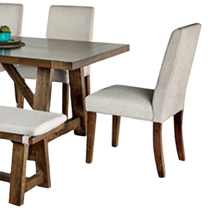 Jule 6pc Dining Set, Brown Rectangular Table, Chairs, Bench w White Seats - Benzara
