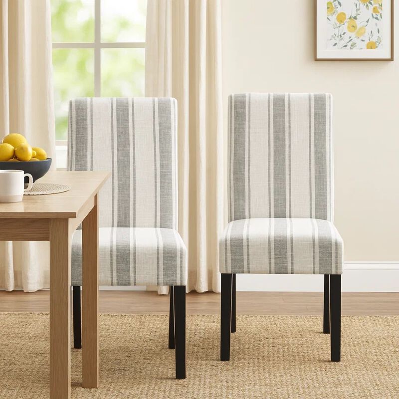 Dinner Chair Set of 2, Retro Style Armless Design, White Gray Stripes image number 7