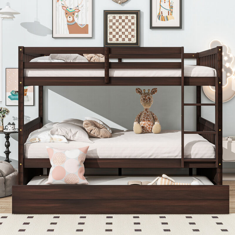 Whisen Convertible Full-Over-Full Bunk Bed with Twin Trundle, Rubber Wood Frame, Ladder and Safety Guardrails image number 4