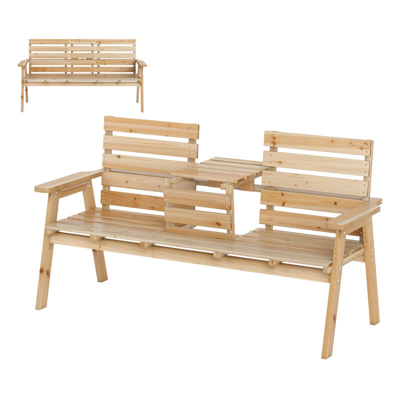 Patio Fir Wood Bench with Convertible Fold-Down Middle Table. image number 0
