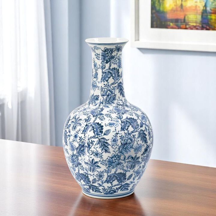 HomeRoots 24" Blue And White Floral Curved Porcelain Table Vase