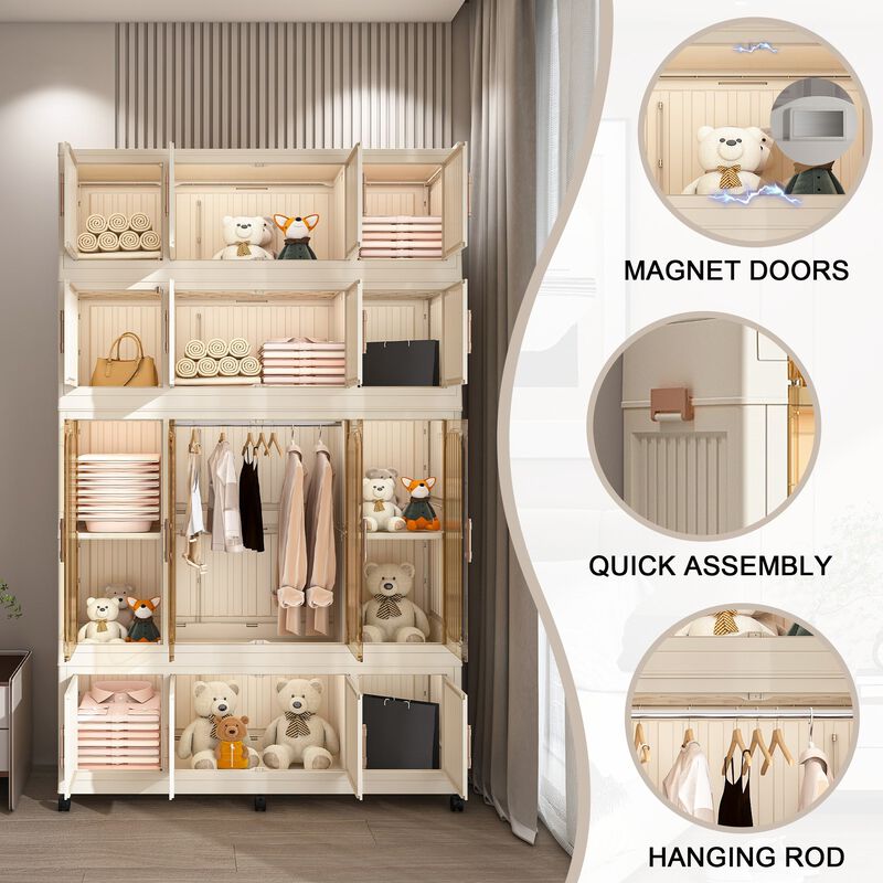 Clihome Portable Wardrobe Closet Storage Cabinet,Clothes Dresser,17 Magnetic Doors-17 Cubes & 1 Hanging Rod image number 3