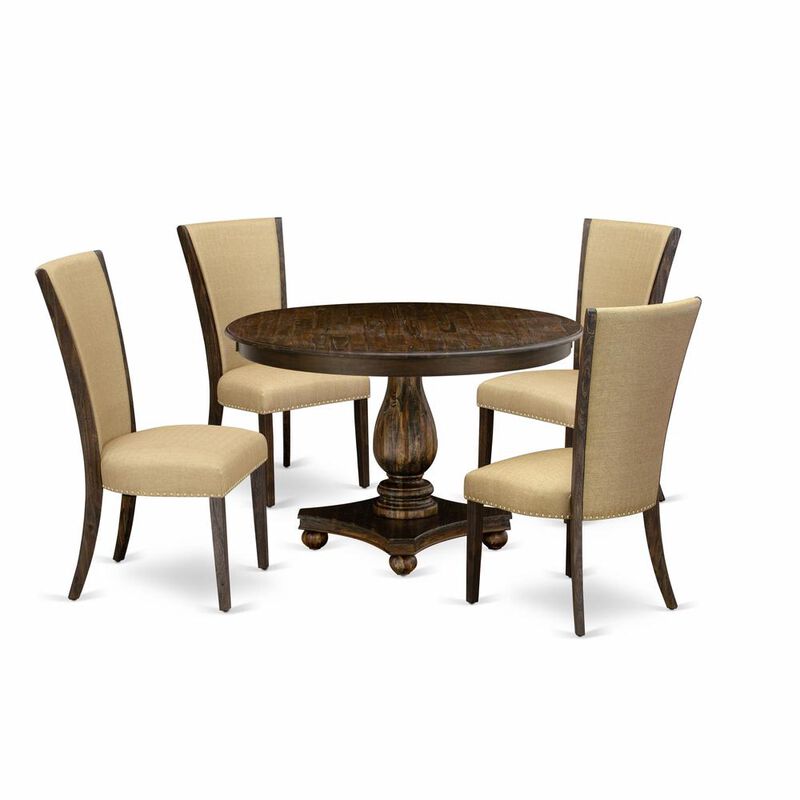 East West Furniture 5-Piece Modern Dining Set - Pedestal Dining Table and 4 Brown Color Parson Dining Chairs with High Back - Distressed Jacobean Finish