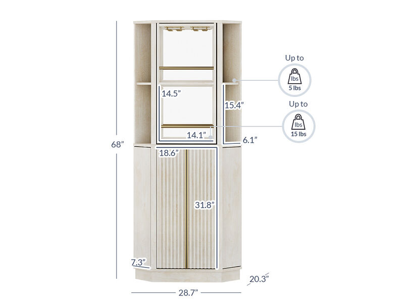 BELLEZE 68" Tall Farmhouse Corner Bar Storage Cabinet with Rotating Wine Rack, Modern Home Bar Liquor Storage Cabinet for Dining Room, Living Room & Kitchen, White Sand
