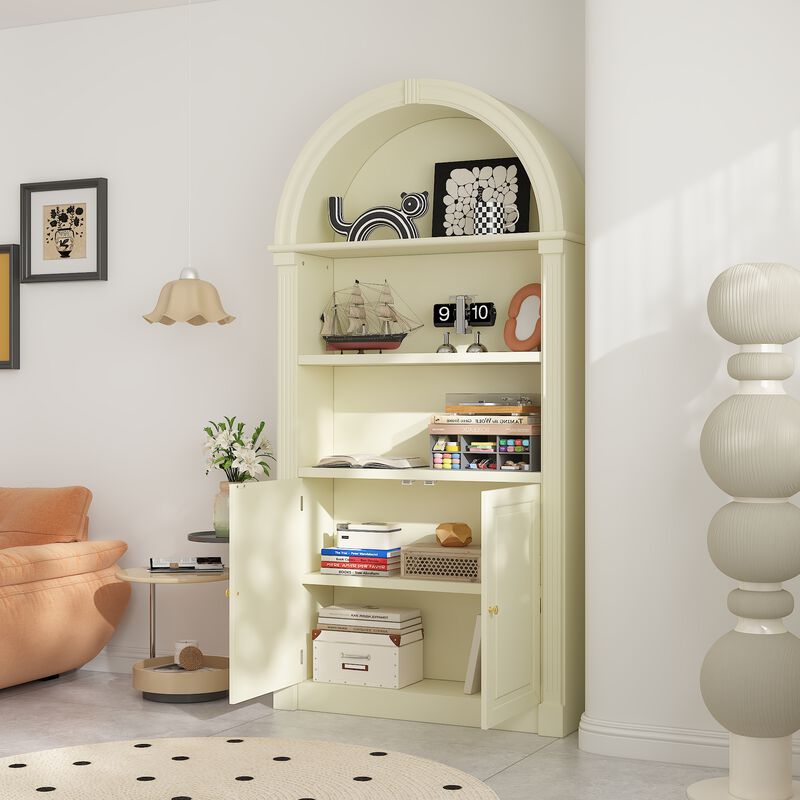 FUFU&GAGA European-Style Arched Top Bookcase, Large Capacity Storage, Plywood Construction, (36.4"W x 10.6"D x 71"H), Ivory White Finish