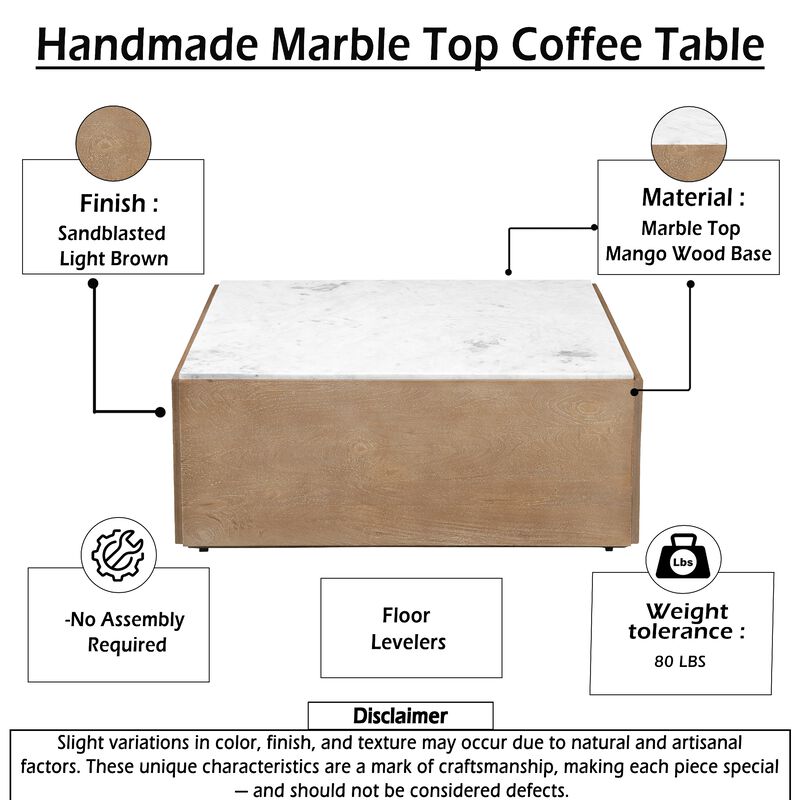 Joi 38 Inch Square Coffee Table, Real White Marble Top, Solid Mango Wood Base, Sandblasted Light Brown image number 5