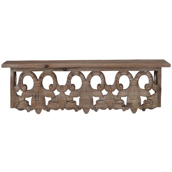 23.5 Inches Wooden Wall Shelf with Scrollwork, Small, Brown - Benzara