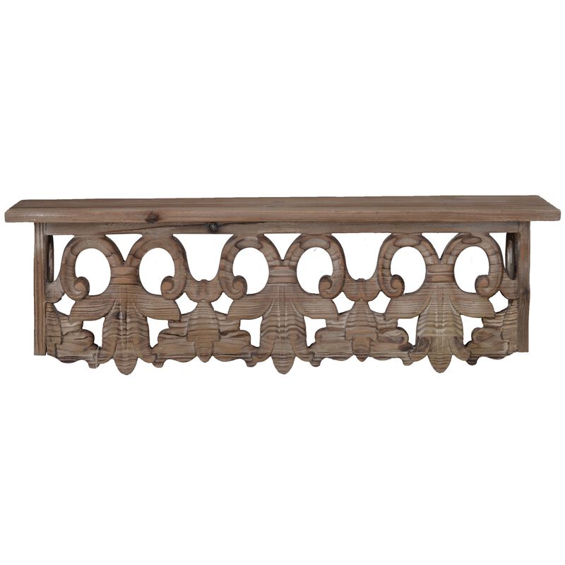 23.5 Inches Wooden Wall Shelf with Scrollwork, Small, Brown - Benzara