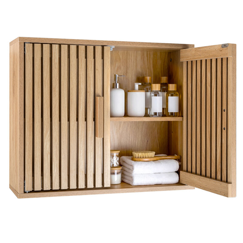Wall Mounted Bathroom Cabinet with 2 Slatted Doors and Adjustable Shelves-Natural image number 6