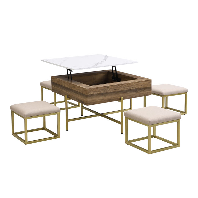 Merax Modern Square Lift-Top Coffee Table with 4 Ottomans Set