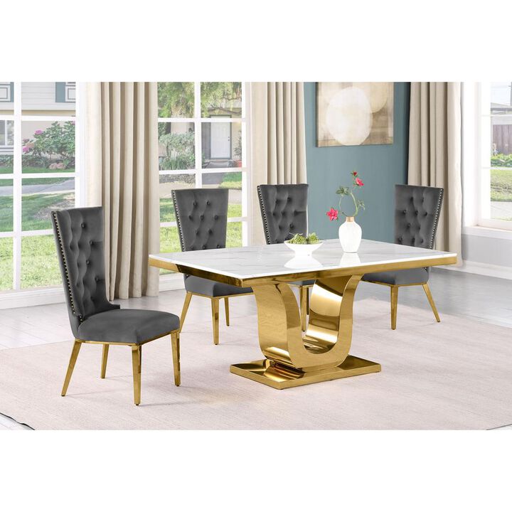 5pc Small(66") marble top dining set with gold base and 4 Dark grey side chairs