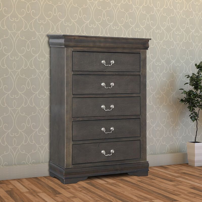 Traditional Style Five Drawer Wooden Chest with Bracket Base, Dark Gray-Benzara