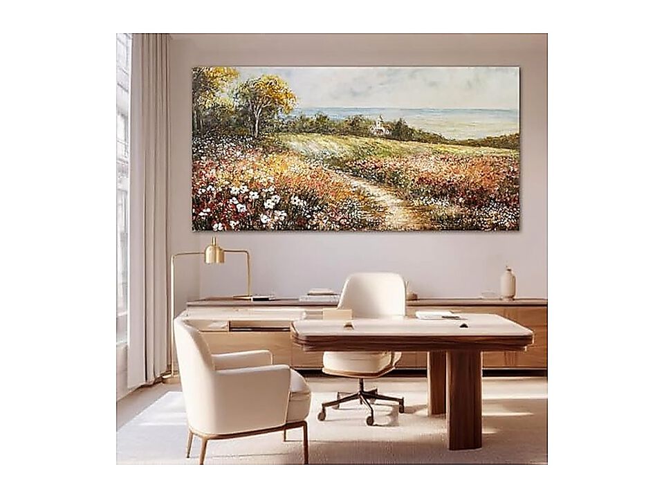 Wildflower Meadow Landscape Wall Art Cottage Panoramic Country Path Canvas Room