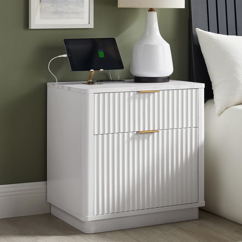 23" Fluted Nightstand Set of 2 with Charging Station, 2-Drawer Curved Bedside Table image number 1
