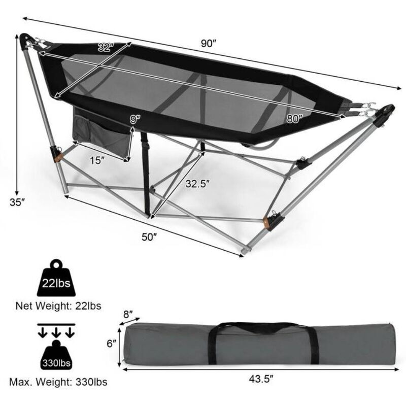 Hivvago Black Portable Camping Foldable Hammock with Stand and Carry Case