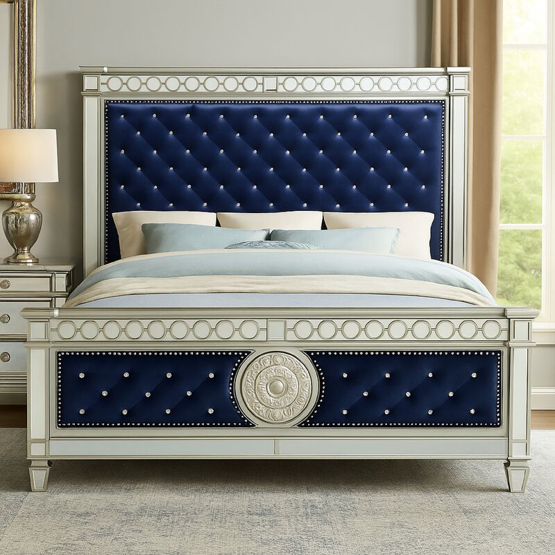 Queen Bed with Button Tufting and Mirror Trim, Black