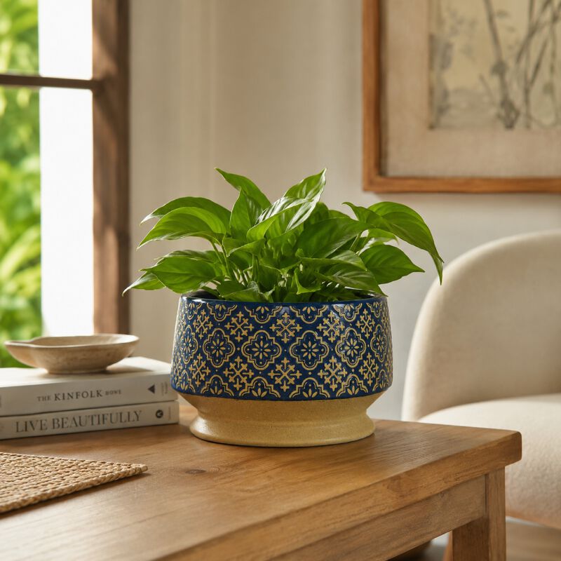 Hea Decorative Planter, Blue Gold Moroccan Pattern Footed Bowl, 10 Inch image number 1