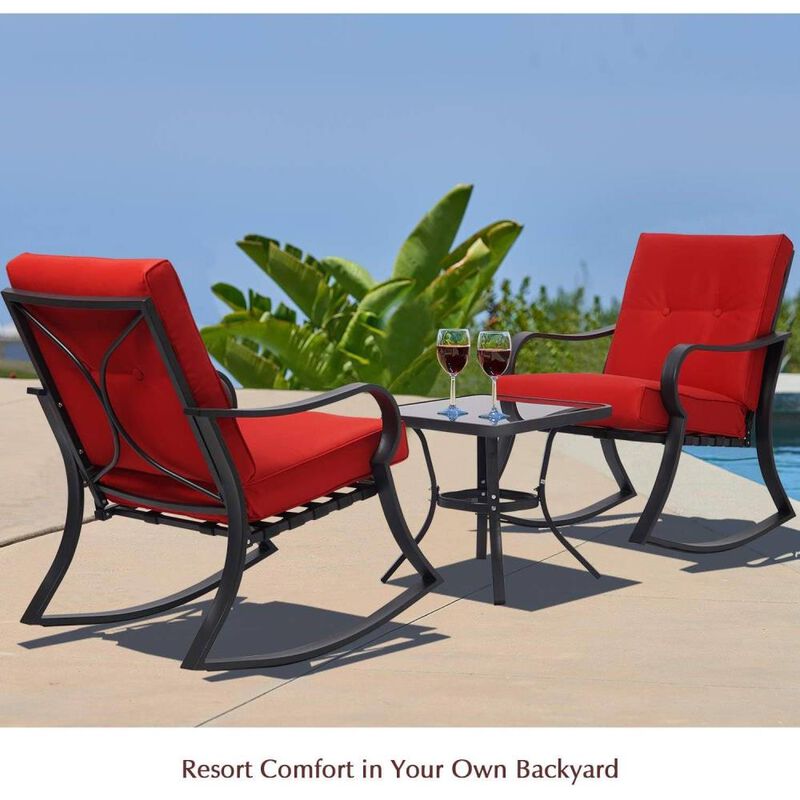 Hivvago Outdoor 3-Piece Patio Furniture Rocking Chairs Table Set with Red Cushions