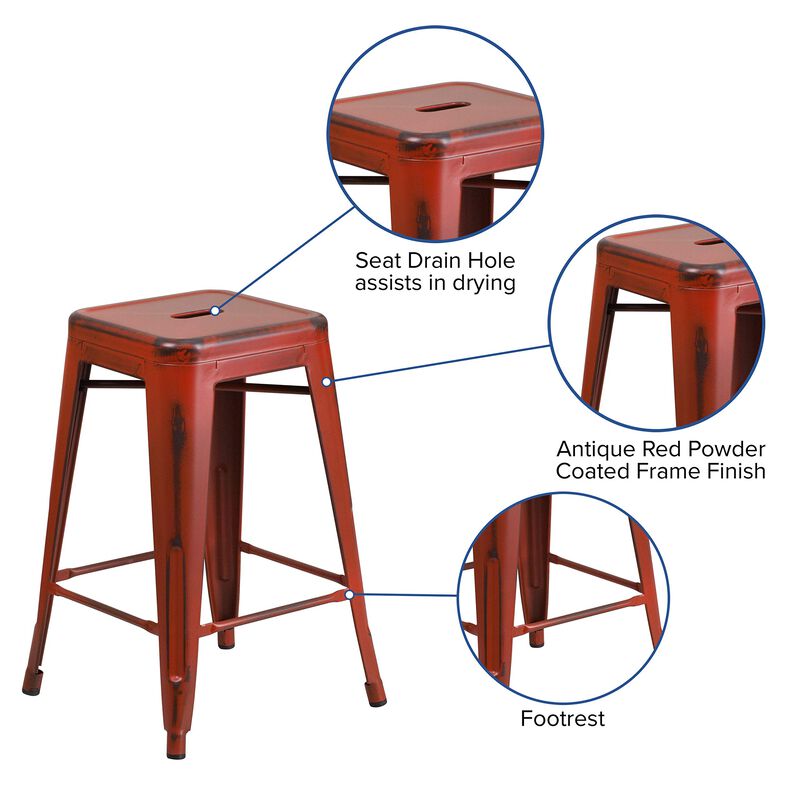 Flash Furniture Commercial Grade 24" High Backless Distressed Kelly Red Metal Indoor-Outdoor Counter Height Stool image number 2