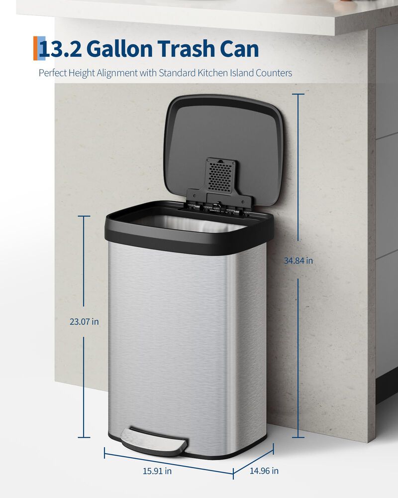 Rustproof Large Metal Step Kitchen Trash Can, Soft Close Lid with Liner Rim & Rear Handle, Hands-Free Quiet Durable Waste Bin image number 5