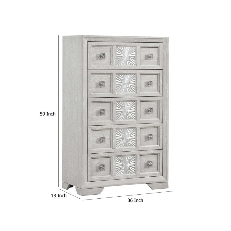 Diaz Tall Dresser Chest, 5 Drawers, Sunburst Metal Design, Light Gray - Benzara