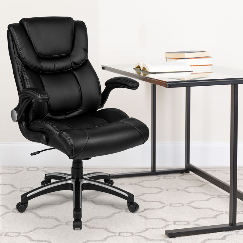 Hansel High Back Black LeatherSoft Executive Swivel Office Chair with Double Layered Headrest and Open Arms image number 1