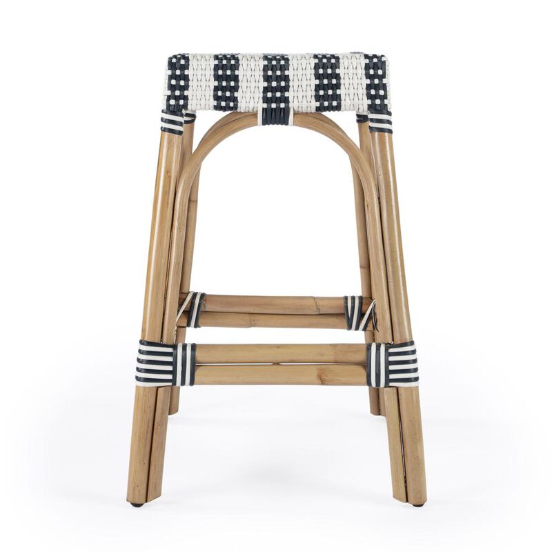 Butler Specialty Robias Rectangular Rattan 24.5 Counter Stool, White and Navy Stripe