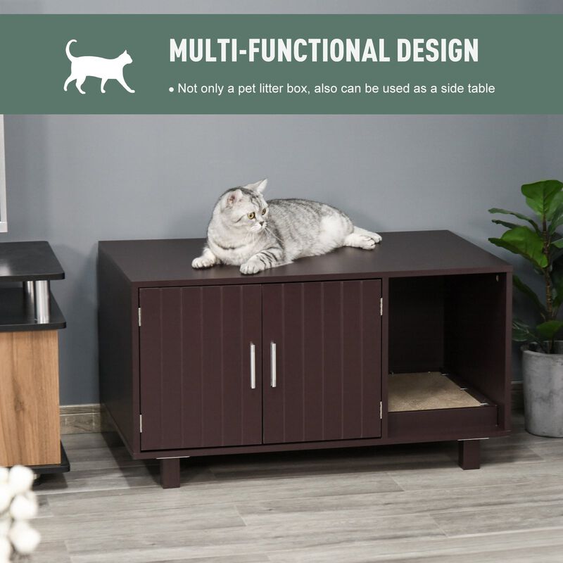 Wooden Cat Litter Box Enclosure & House with Nightstand/End Table Design  Scratcher & Magnetic Doors  Brown