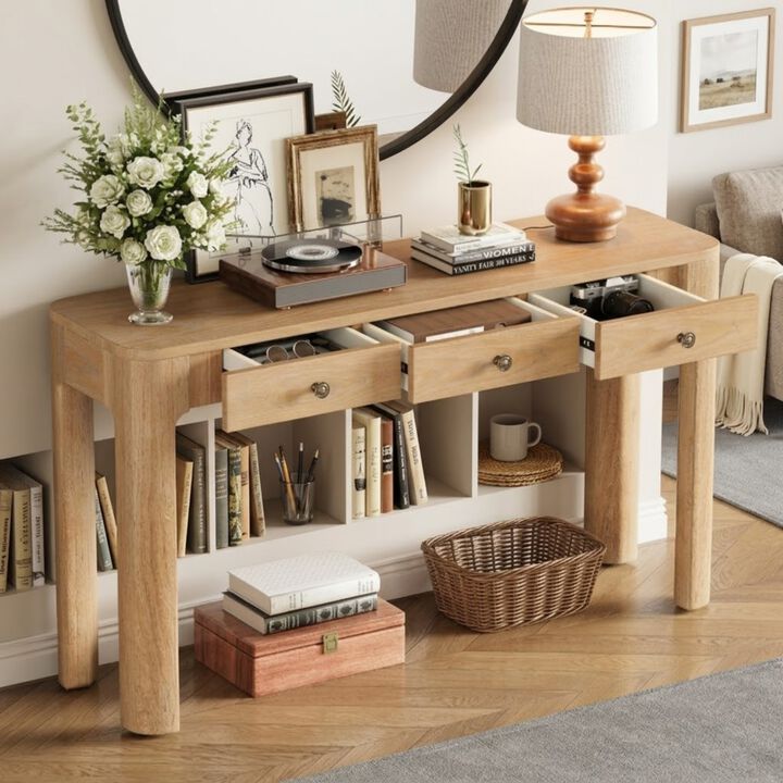 Whisen 52" Rustic Console Table with 3 Drawers, Solid Wood MDF, Sturdy Sofa Table for Entryway Living Room Hallway
