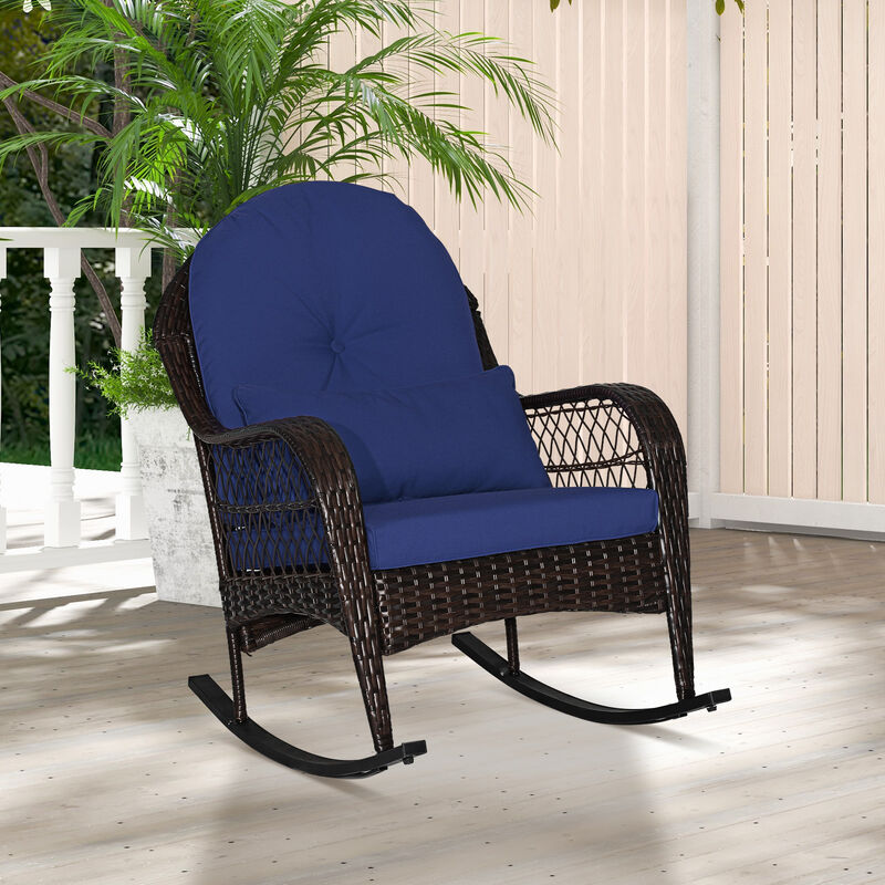 Patio Rattan Rocking Chair with Seat Back Cushions and Waist Pillow image number 1