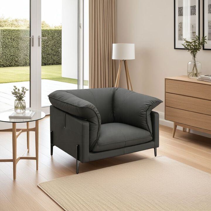 Semi Sofa Chair, Box Edge Design, Black Top Grain Leather, 69 Inch - Benjara