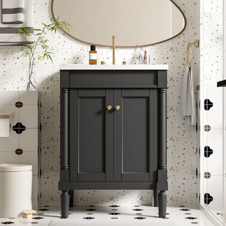 24" Freestanding Bathroom Vanity with Ceramic Sink, 2-Tier Storage Cabinet, 2 Soft-Close Doors
