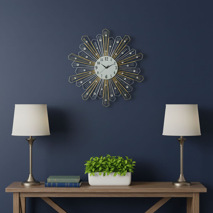 HomeRoots 27" Gold Silver And Metal And Faux Crystals Silent Analog Sunburst Wall Clock
