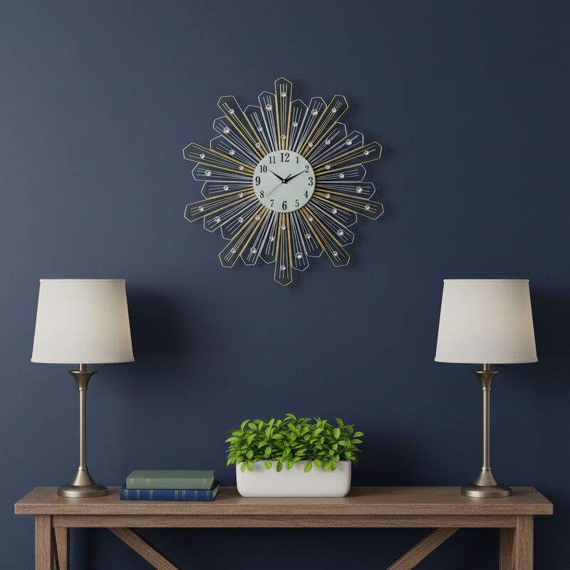 HomeRoots 27" Gold Silver And Metal And Faux Crystals Silent Analog Sunburst Wall Clock image number 1