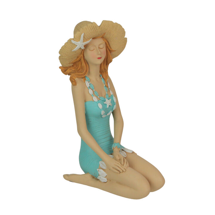 Charming Redhead Bathing Beauty Figurine &ndash; 7.75", Straw Hat, Coastal Decor