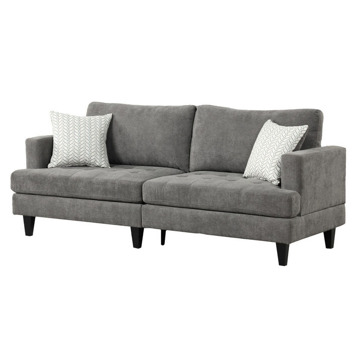 Lae 80 Inch Sofa with 2 Throw Pillows, Tufted, Gray Chenille Upholstery - Benzara