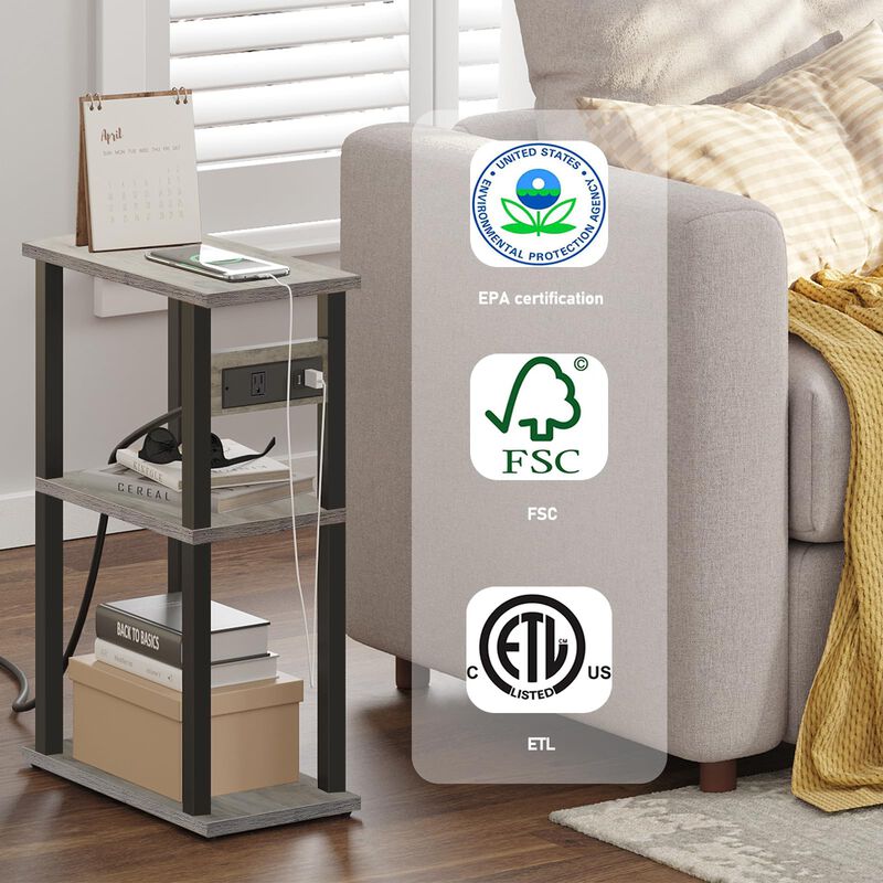 TUTOTAK Small Narrow Side Table with Charging Station, Skinny End Table for Small Spaces, Slim Nightstand with USB Ports and Out