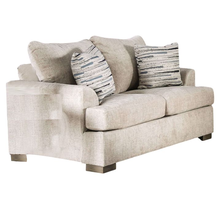 Lewis Loveseat with 2 Accent PIllows, 67 Inch, Cream Fabric - Benzara