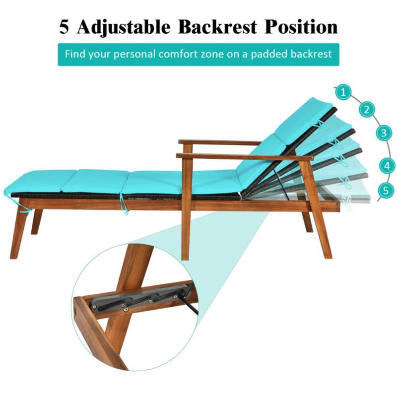 3 Pieces Portable Patio Cushioned Rattan Lounge Chair Set with Folding Table-Turquoise