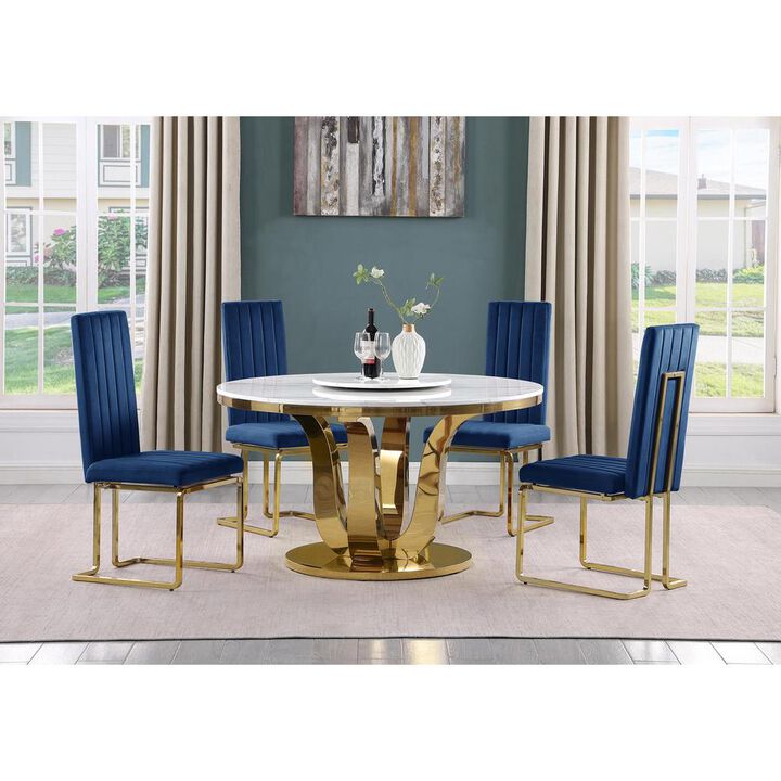 5pc White marble round dining set with gold base and 4 Navy blue side chairs