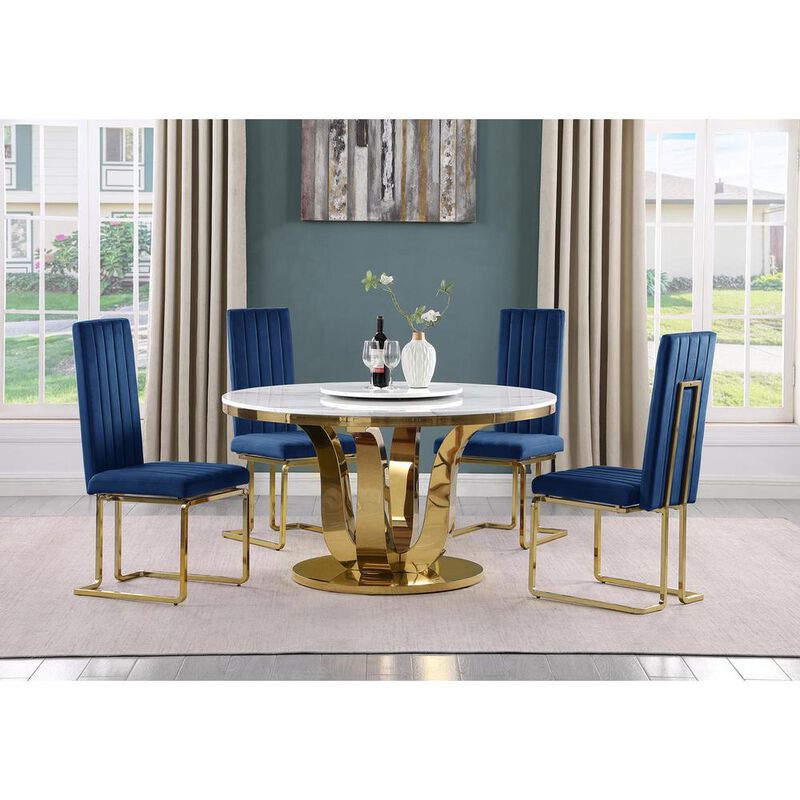 5pc White marble round dining set with gold base and 4 Navy blue side chairs