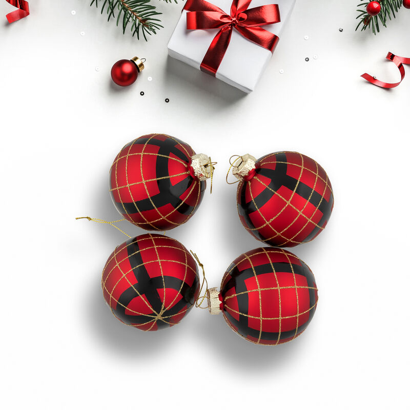 4ct Red  Black and Gold Plaid Glass Ball Christmas Ornaments 3.25" image number 2