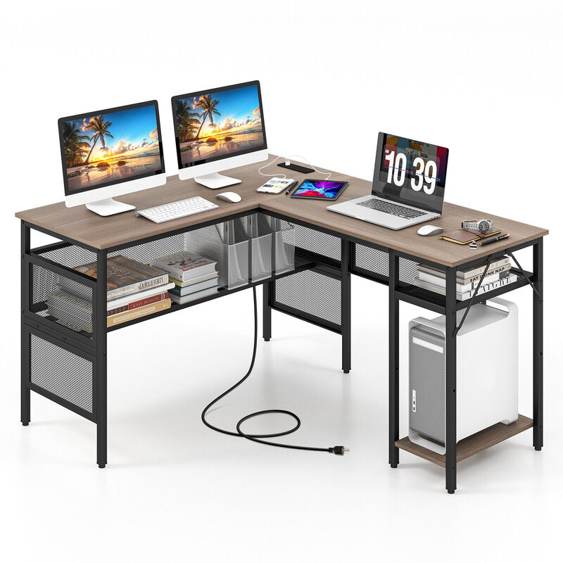 L-Shaped Computer Desk with Charging Station and Adjustable Shelf-Gray image number 0