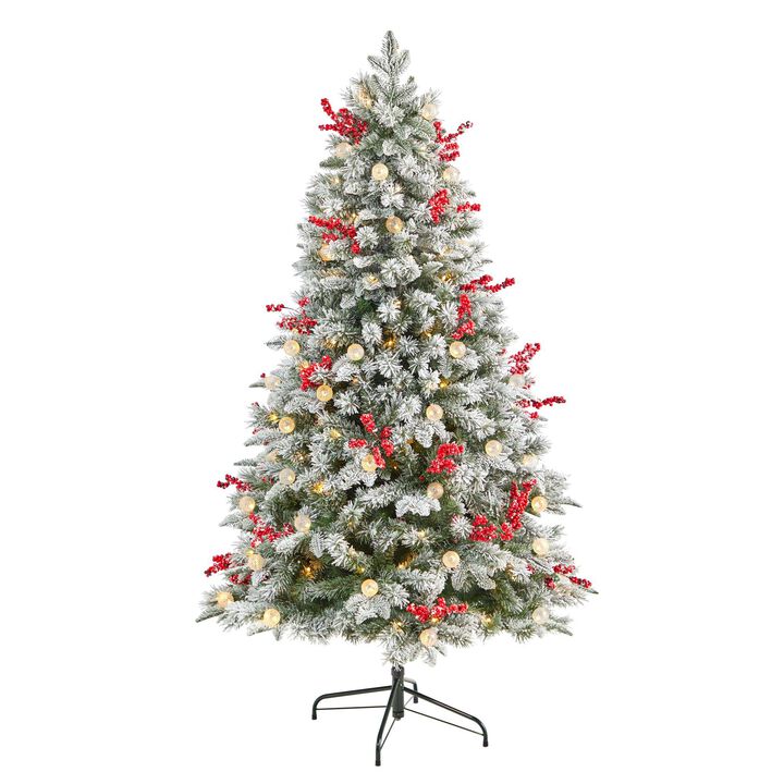 Nearly Natural 6-ft Snow Tipped Norwegian Fir Pre-Lit Artificial Christmas Tree with 200 LED Lights, 50 LED Globe Lights, Berries and 906 Bendable Branches