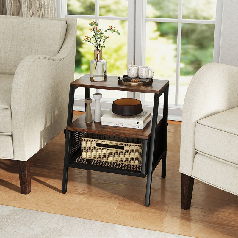 3-Tier Bedside Tables Set of 2 with Open Shelves and Metal Mesh Storage image number 4