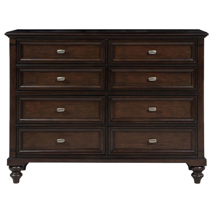 Meon Wide Dresser w 8 Drawers, Carved Bun Feet, Dark Oak Brown Wood - Benzara
