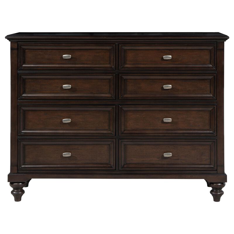 Meon Wide Dresser w 8 Drawers, Carved Bun Feet, Dark Oak Brown Wood - Benzara