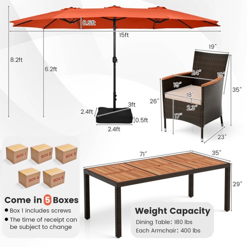 Mondawe 11Pcs Premium Patio Acacia Wood Dining Set,With 15ft Solar LED Umbrella & PE Rattan Chairs